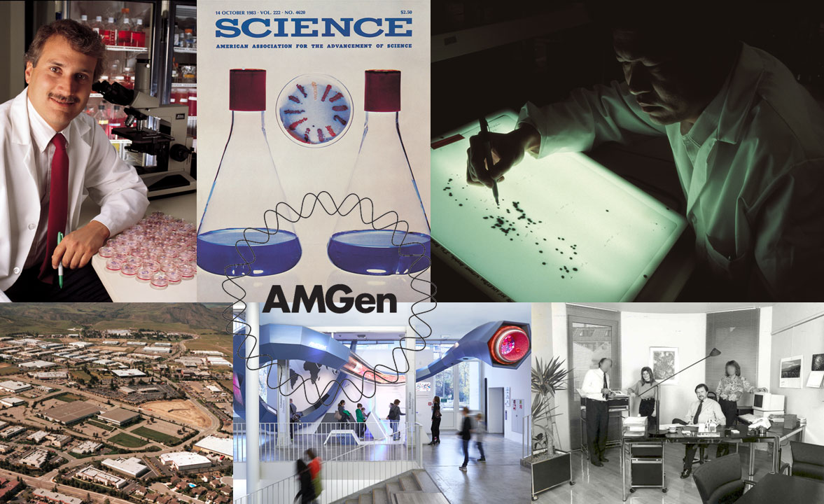 Collage mit Bildern zur Geschichte und wissenschaftlichen Innovationen von Amgen, darunter Wissenschaftler im Labor, ein Titelbild der Zeitschrift Science, die ersten Mitarbeitenden der Amgen GmbH im Büro, eine Luftaufnahme des Amgen-Campus und die Themeninsel im Deutschen Museum. 