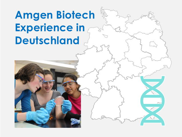 Grafik mit Seitentitel und Deutschlandkarte. Ein Foto links unten zeigt drei junge Frauen mit Schutzbrillen und blauen Gummihandschuhen. Sie sitzen an einem Tisch und schauen interessiert auf eine Petrischale, die von der Frau in der Mitte in die Luft gehalten wird. In den Ecke unten rechts ist ein Icon für eine DNA-Doppelhelix abgebildet.