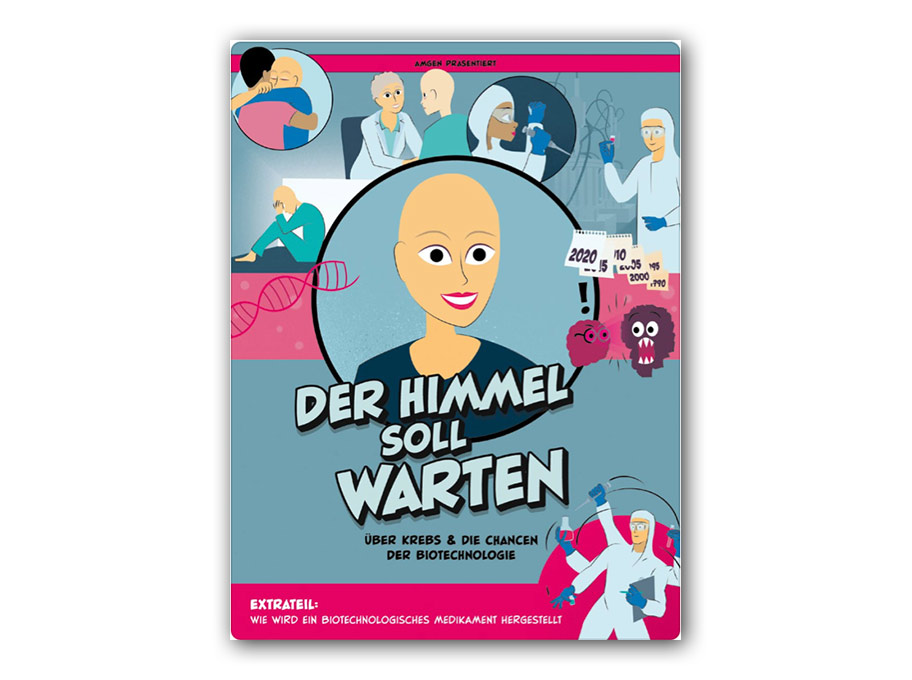 Titelbild der Graphic Novel „Der Himmel soll warten – Über Krebs & die Chancen der Biotechnologie“, mit krebskranker Frau im Mittelpunkt, ergänzt durch Illustrationen aus Forschung, Medizin und Therapie.