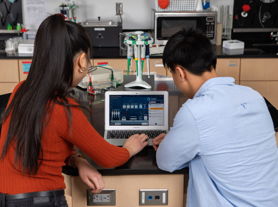 Zwei Jugendliche sitzen mit dem Rücken zur Kamera in einem Labor und schauen auf einen Laptop. Der Bildschirm zeigt die Lernplattform LabXchange.